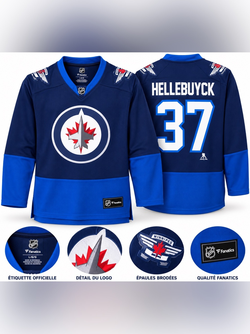 Fanatics Winnipeg Jets Navy and Royal Blue Hellebuyck #37 Jersey